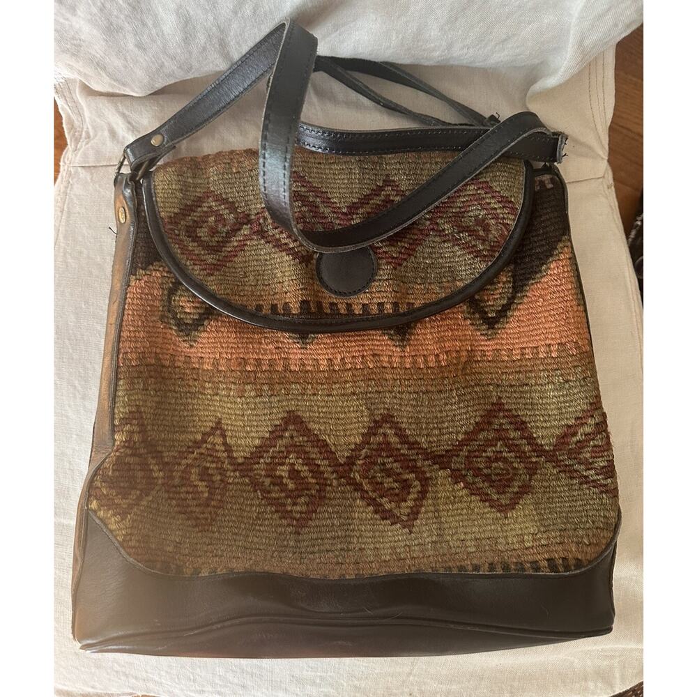 Vintage Purse Woven Jute Leather Crossbody Black Brown Rug Kilim Messenger Bag - Picture 3 of 16